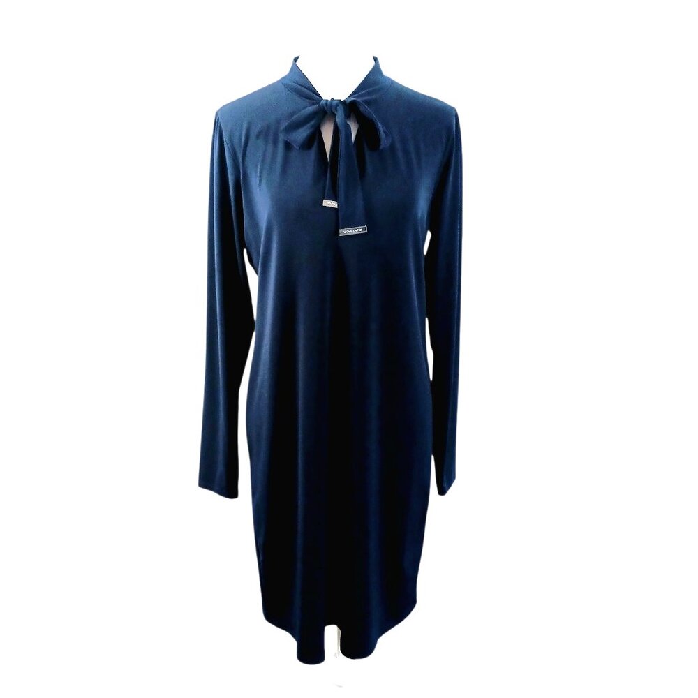 Michael Kors Lightweight Long Sleeve Navy Dress W/ Decorative Tie Neck, SZ Med.